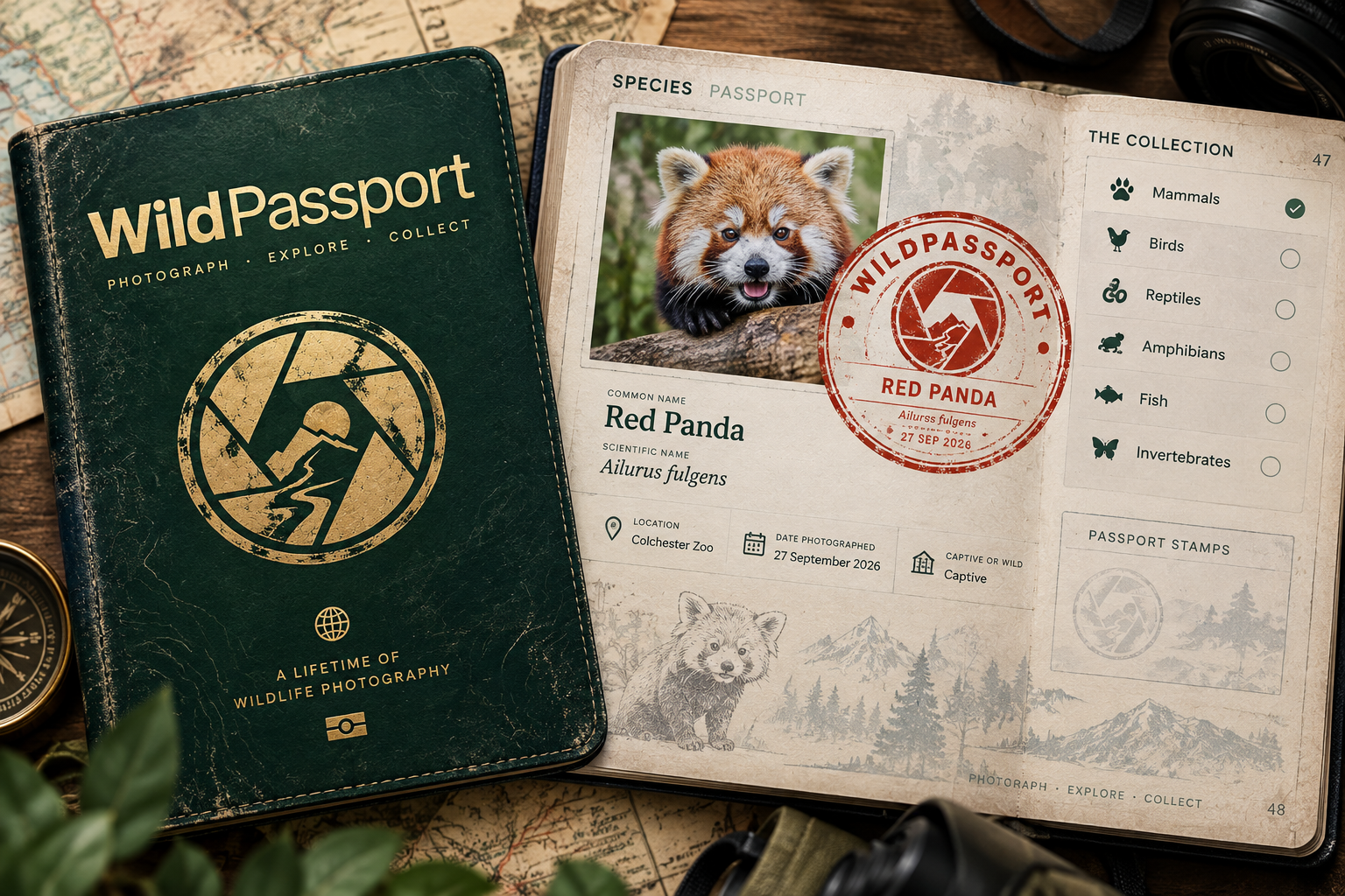 WildPassport concept showing a wildlife photography passport open to a Red Panda species page